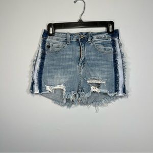 KanCan Shorts Womens Medium Blue Denim Cut Off Side Stripe Distressed High Rise